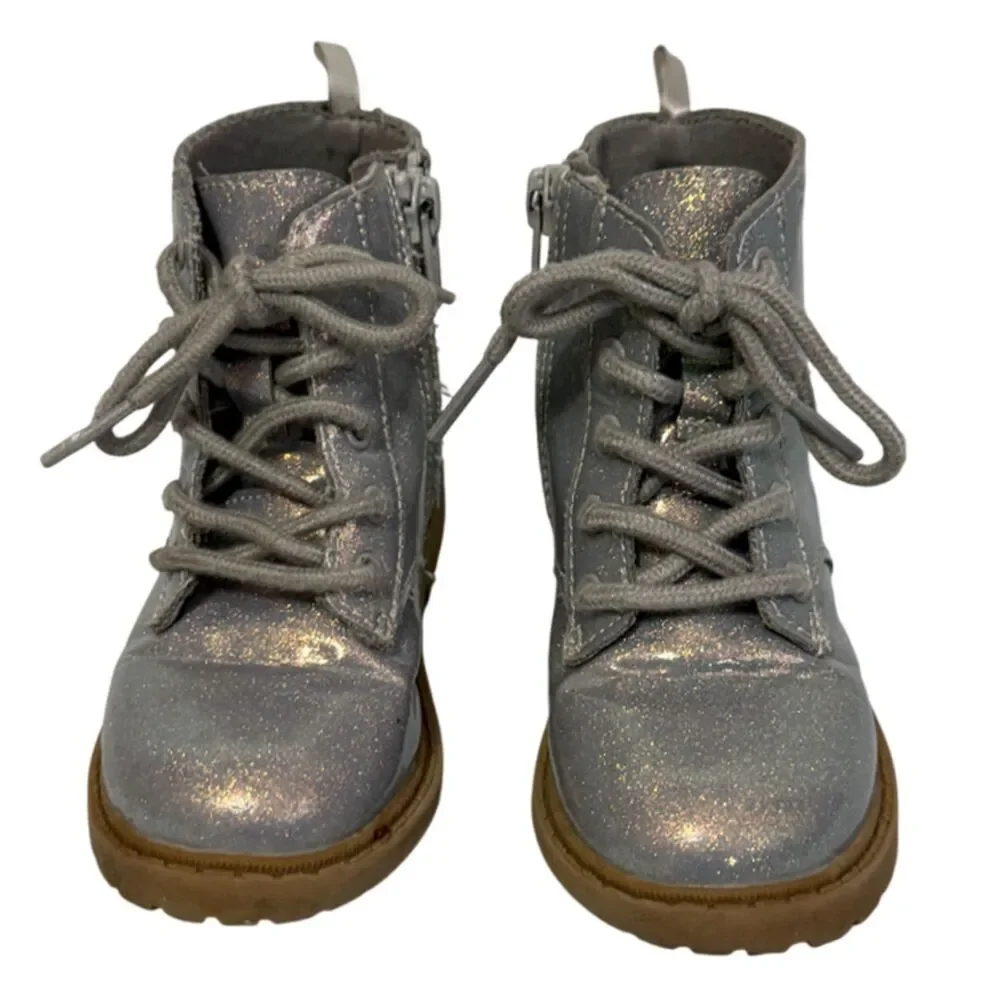 Old Navy Silver Glitter Metallic Lace Up Booties Size 8